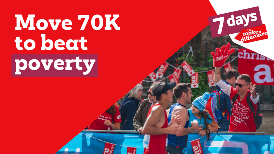 A group of Christian Aid supporters, cheering as Marathon runners pass. They have signs and red foam hands. The copy reads 'Move 70k to beat poverty'.